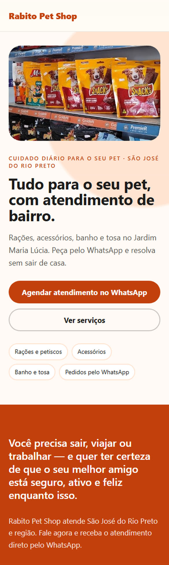 Página da Rabito Pet Shop, demonstração criada a partir do perfil